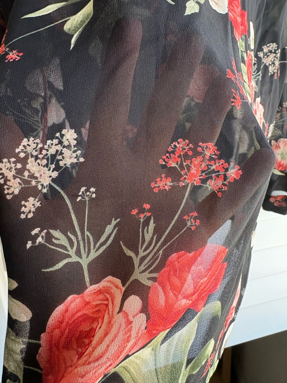 Joie Silk Black Sheer Floral V-Neck Skirt with Red and Cream Blooms - Picture 4 of 11